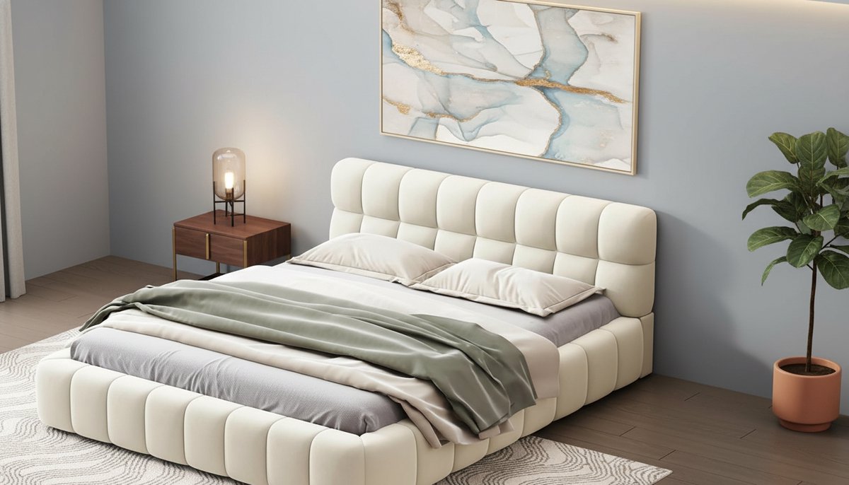 Gestoffeerd Tweepersoonsbed 140x190 met Lattenbodem en Zachte Rugleuning – Modern Linnen Bedframe met Verdiept Matrasontwerp – Comfortabel Tienerbed / Laag Bed – Beige – Casa Velluto BubbleComfort Bed