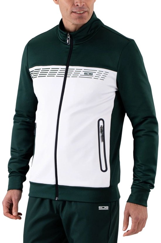 Donkergroen trainingsjack met witte baan, ritssluiting en zakken, op een model met bijpassende broek.