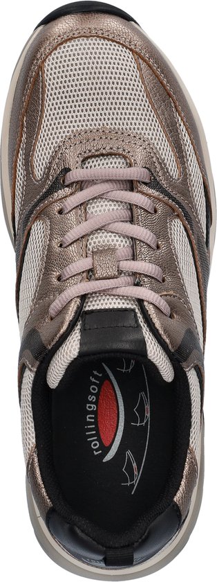 Bovenkant van een grijze Gabor Rollingsoft sneaker met roze veters en mesh.