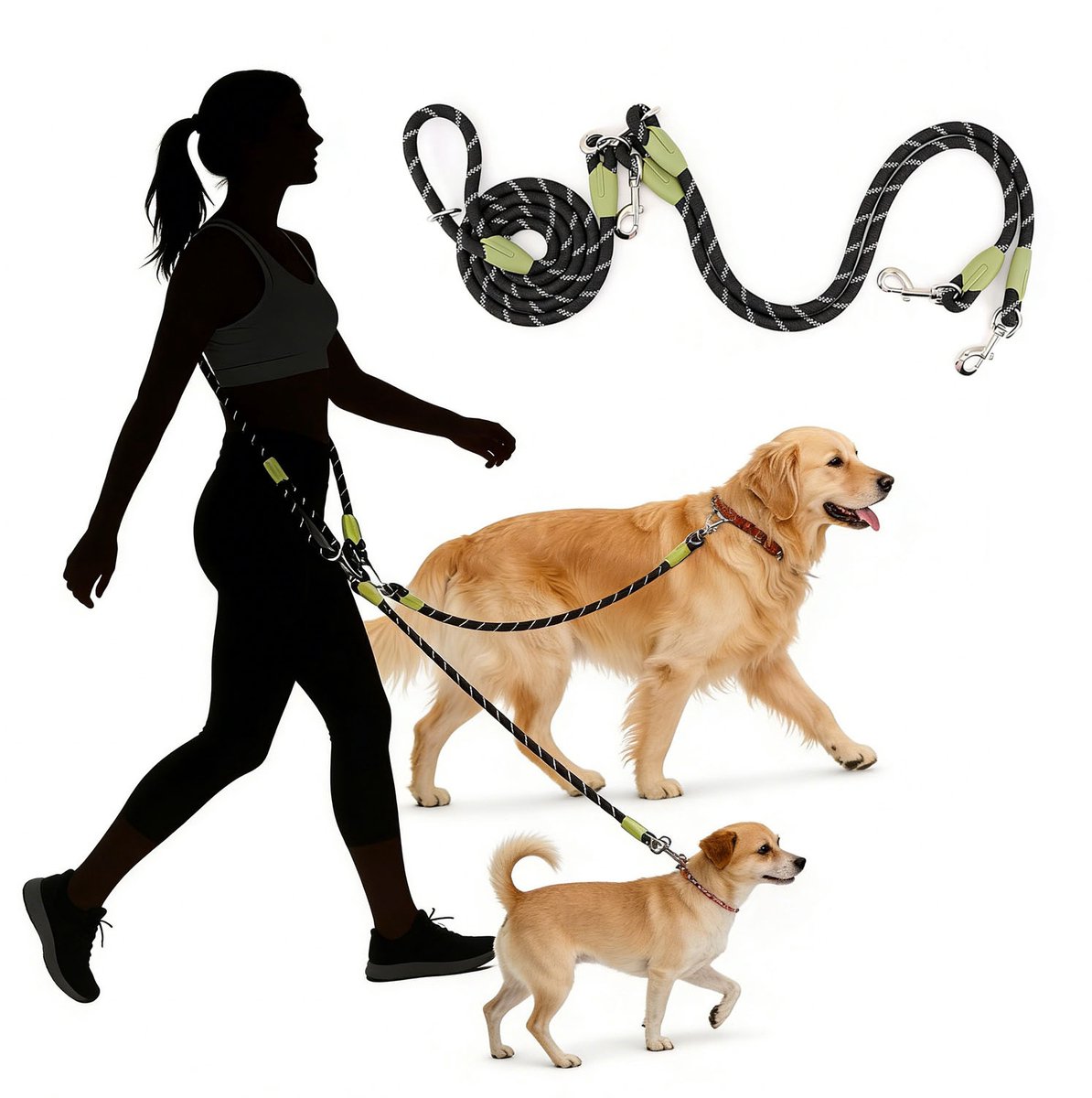 MAGICSHE Handsfree Dubbele Hondenriem voor 2 honden - 2,5 Meter - Nylon Hardloop Honden Riem - Reflecterend Hondenlijn Zwart