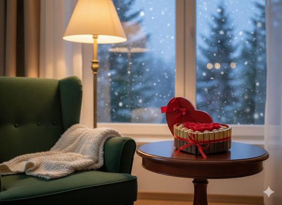 Hartvormige chocoladedoos met rode rozen en Ferrero Rocher, op een bijzettafel met uitzicht op een winterlandschap.