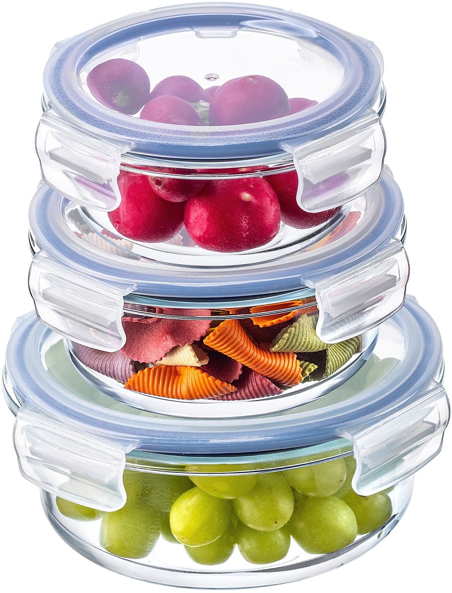 KADAX Hittebestendige glazen container met deksel, voedselcontainer van robuust glas, bewaarcontainer, vriescontainer, vershouddoos (rond set van 3)