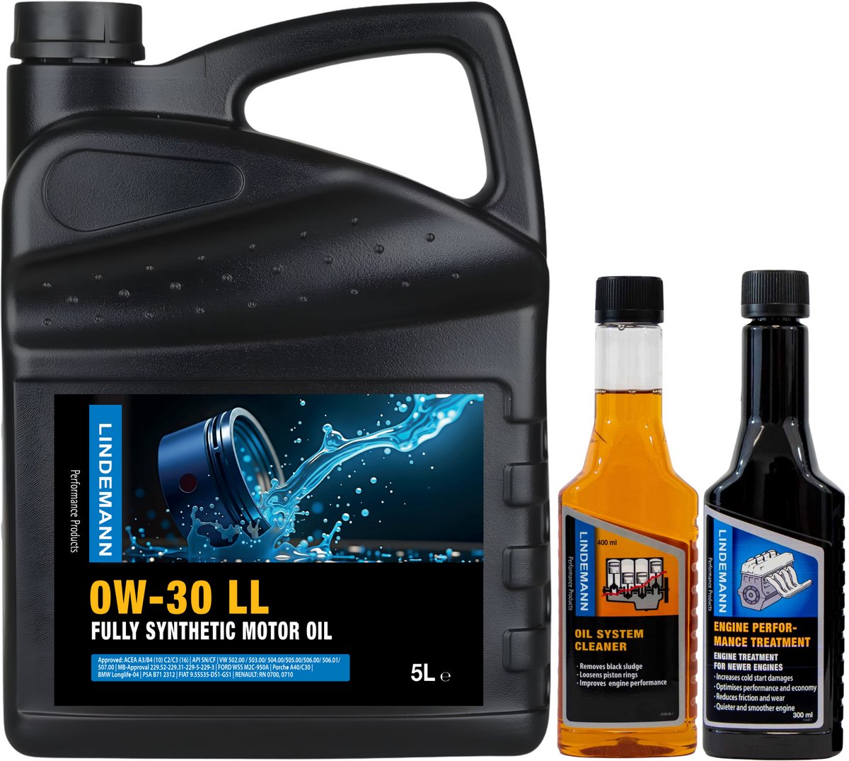 Lindemann Motorolie 0W30 - 5L + Oil System Cleaner (Motor Reiniger) - Engine Performance Treatment (Olie Additief) - Olieverversing Set en Bescherming