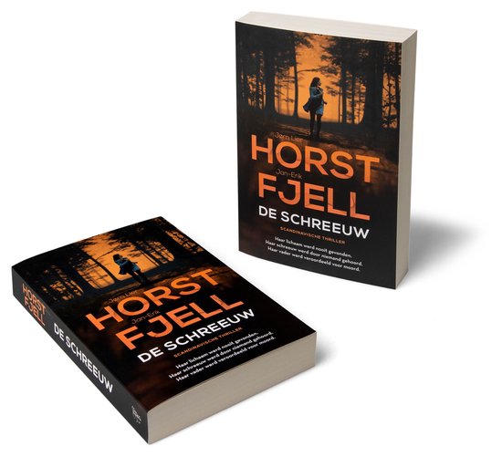 Boek "De schreeuw" in de cover met vrouw in bos, liggend op witte ondergrond.
