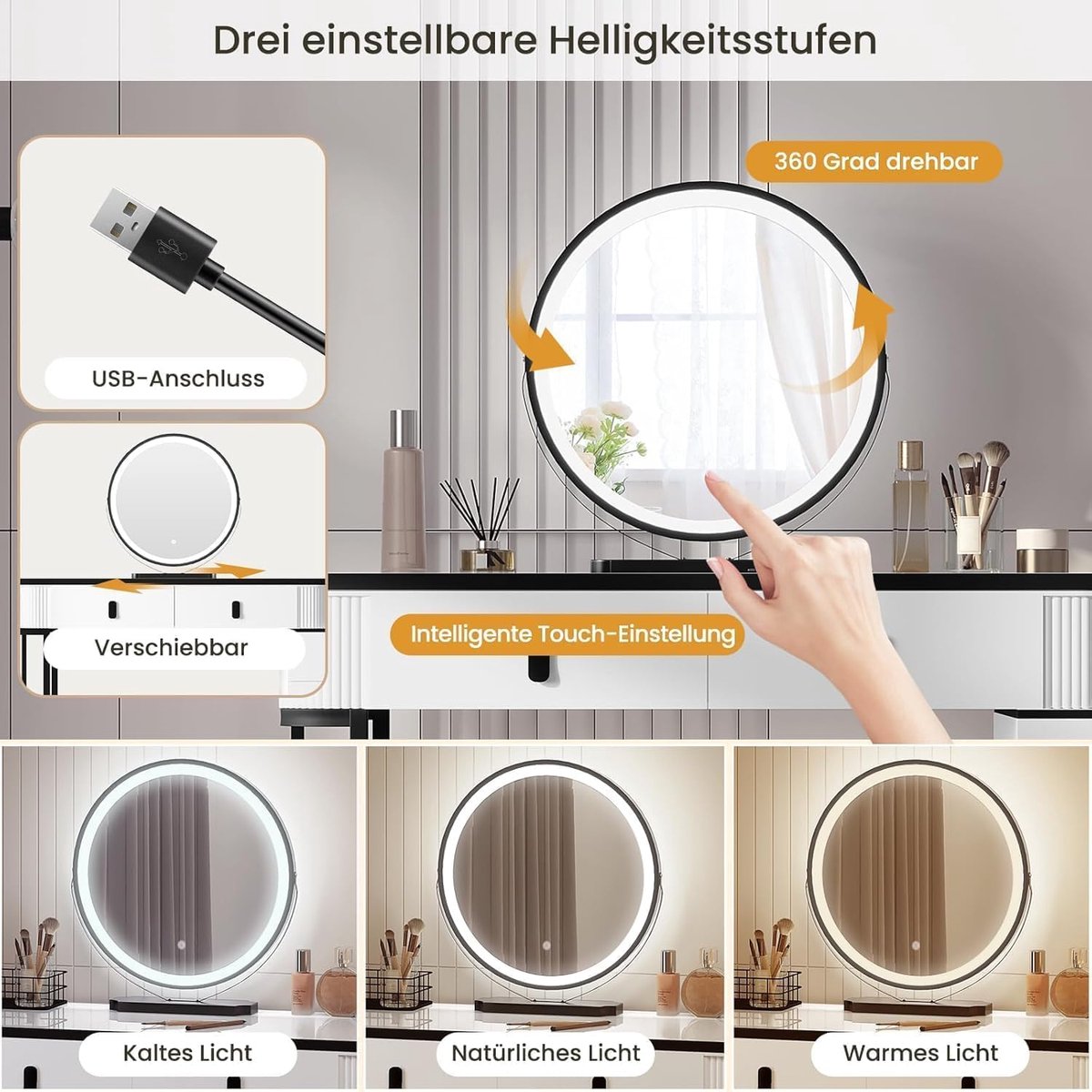 Make-uptafel met LED-verlichting, 360° draaibare spiegel, 3 instelbare lichtmodi, 5 laden, zijkast en modern design, 100 x 126 x 40 cm – Pauwhome