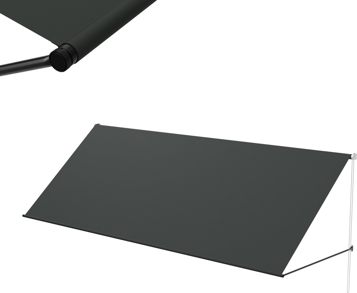 Aufun Inklapbare Fallarm Markise 350x145cm Antraciet - Met Kabel & Aluminium Ondersteuningsstang Voor Terras, Balkon & Tuin