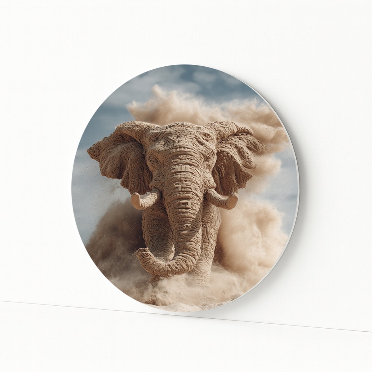 Olifant in stofwolk - Wandcirkel van forex - Forex muurcirkel - 40x40 cm