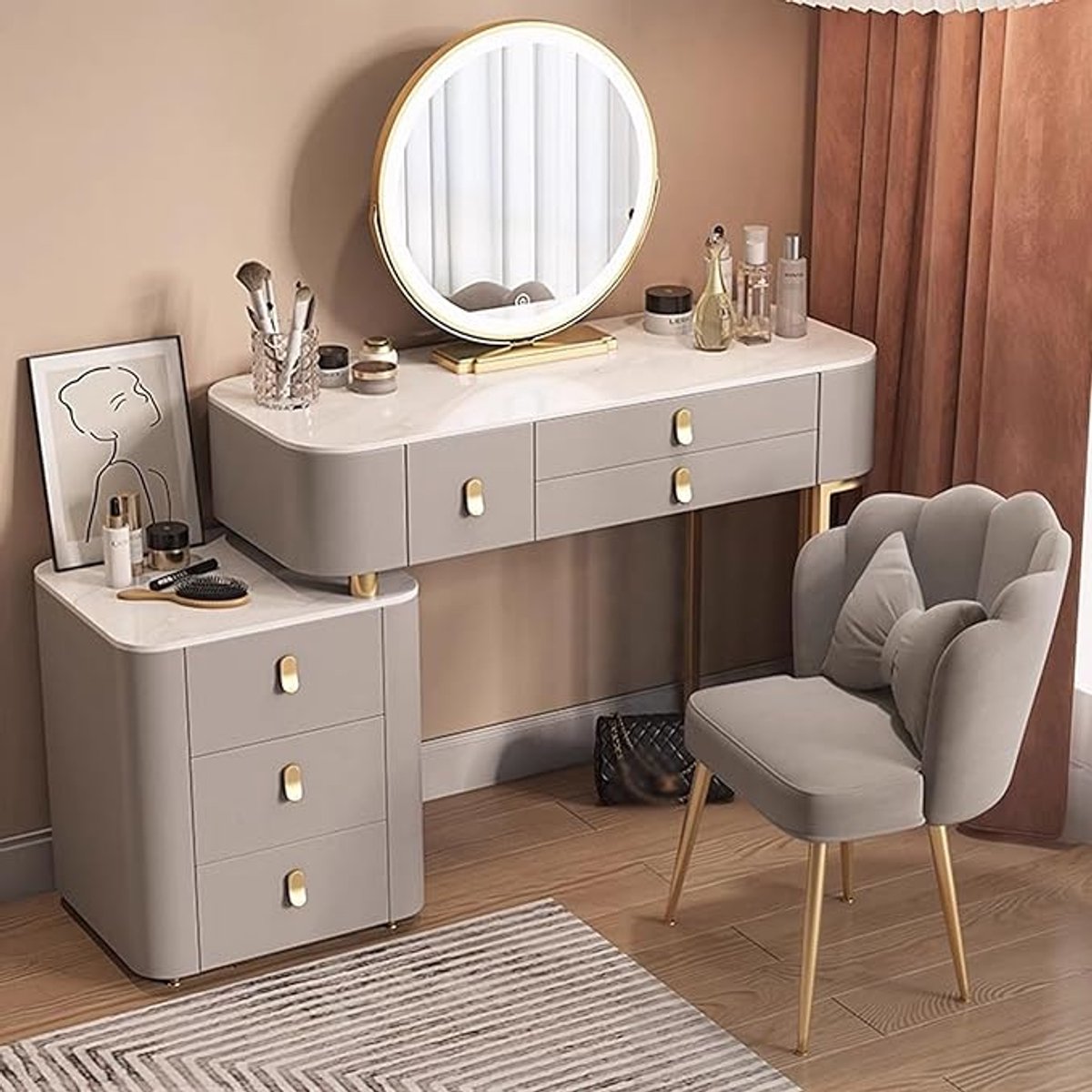 Kaptafel met LED Spiegel 110x40x139 cm – Grote Make-uptafel met 7 Laden, 4 Planken, 3 Open Vakken en Verstelbare Verlichting – Inclusief Kruk – Wit – Bellavero