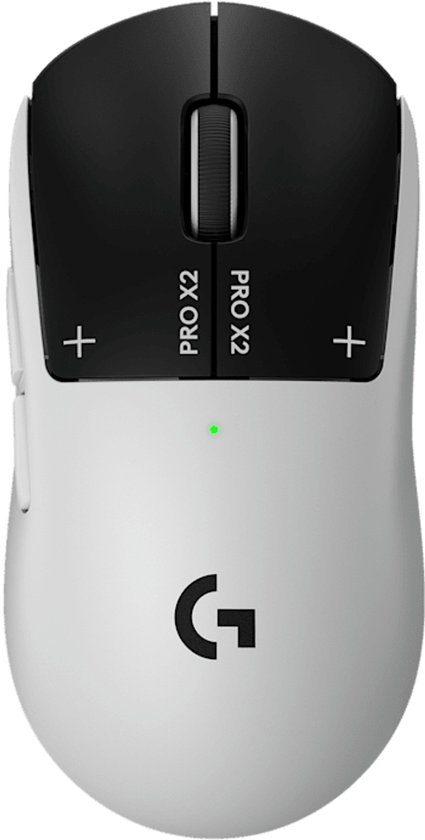 Topzicht van een witte draadloze gamingmuis met zwarte knoppen en scrollwiel. 'PRO X2' en '+' symbolen zichtbaar. Logitech G logo.