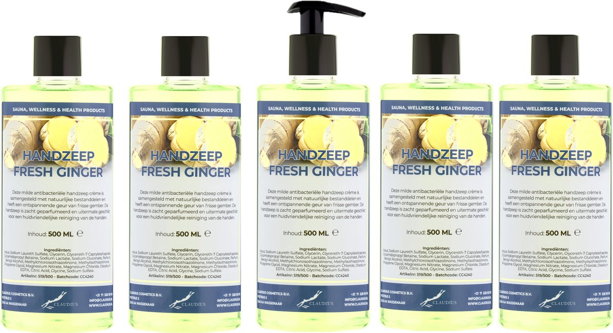Handzeep Fresh Ginger 500 ml - met gratis pompje - set van 5 stuks - Voordeelverpakking