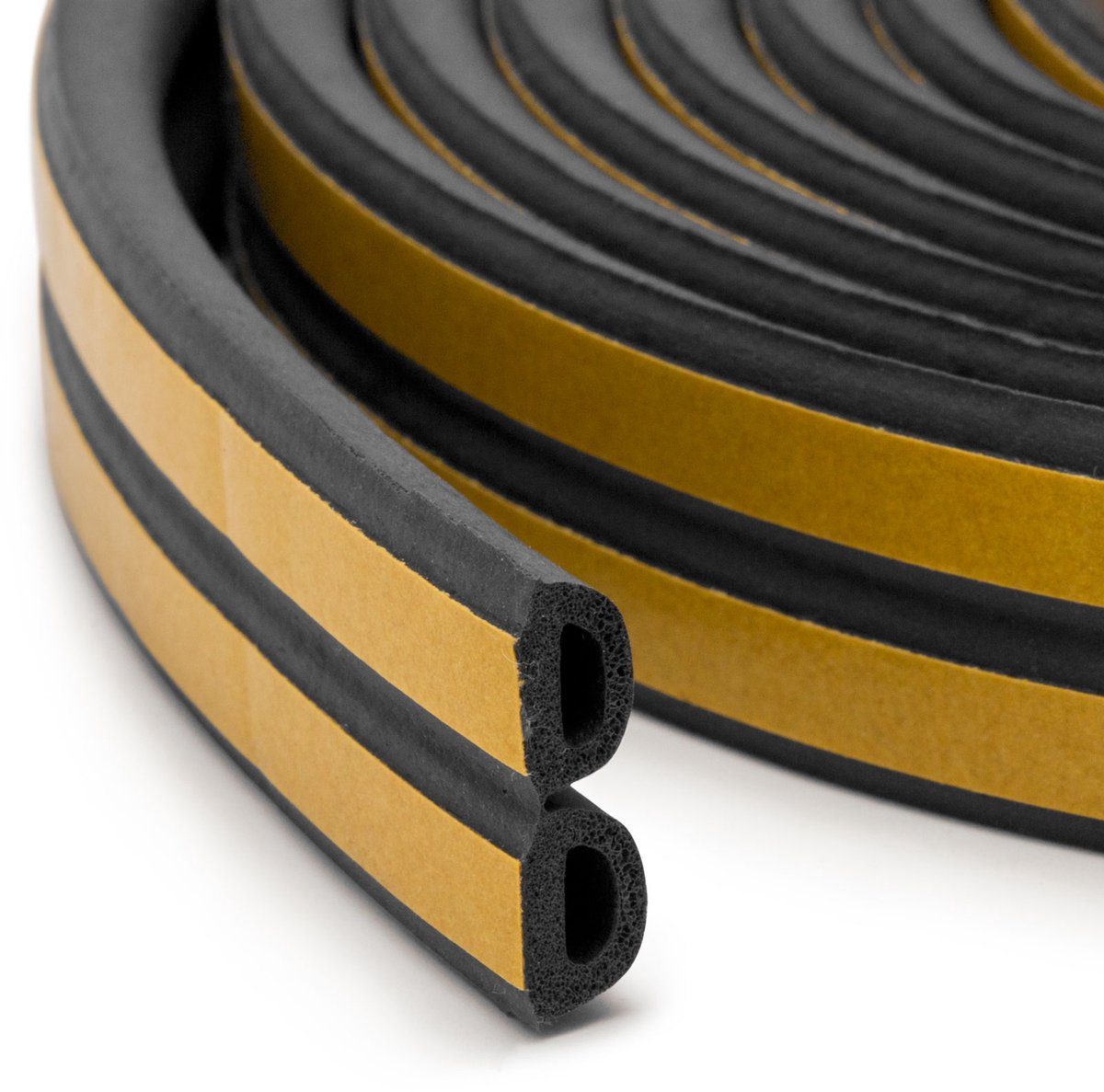Zelfklevende Deur- En Raamafdichting Tochtstrip Op Rol – D-Profiel – Zwart – 40 Meter (2 × 20 m) – Voor Kieren Van 4–12 mm – EPDM Rubber – Isolerend, Weer- En UV-Bestendig – Voor Deur En Raam [11599BK-12-40]