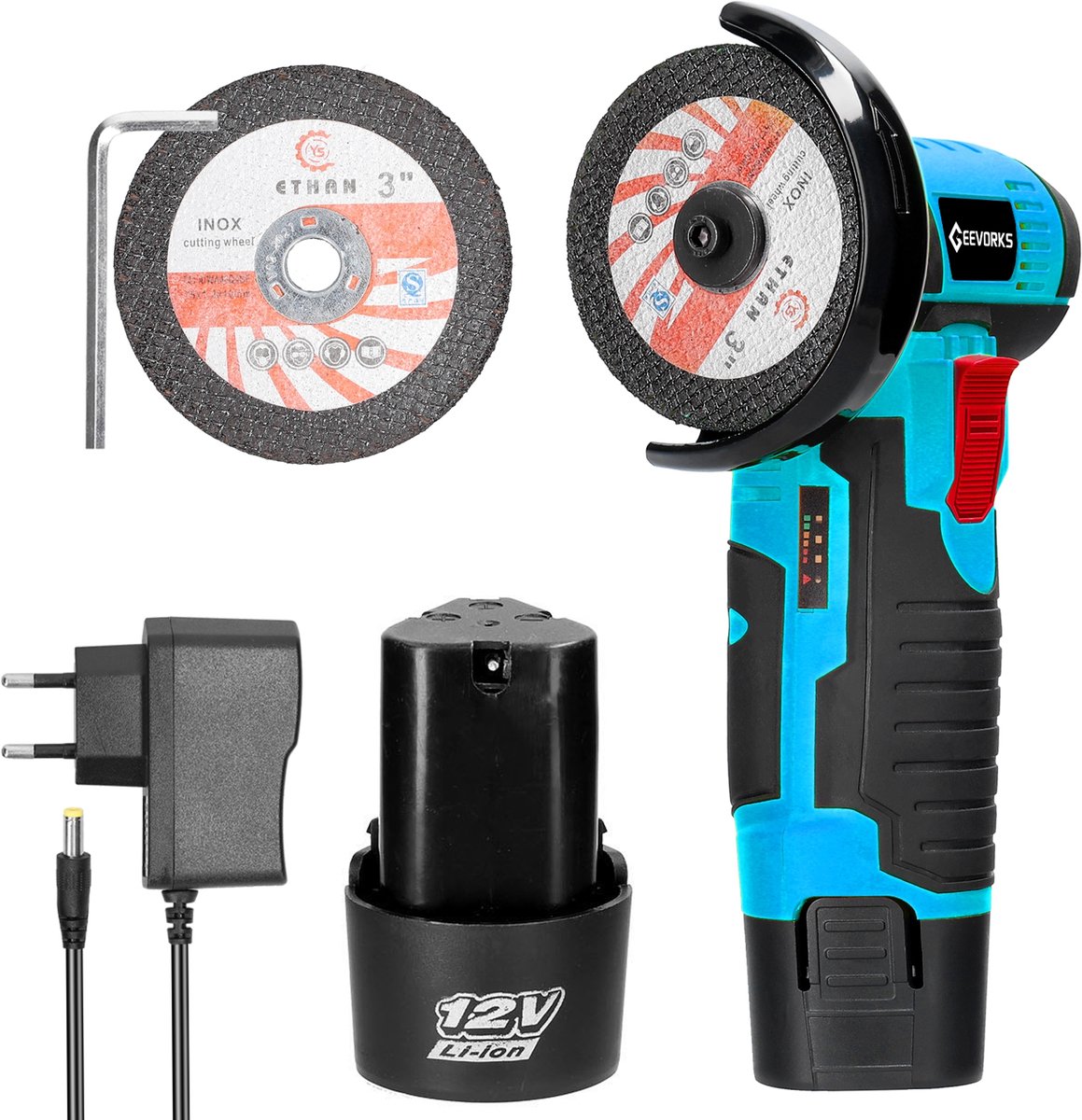 12V Draadloze Haakse Slijper – 19500 RPM – 76mm Snijmachine – 2 Accu’s 1200mAh + 2 Snijschijven – Voor Slijpen, Polijsten & Snijden
