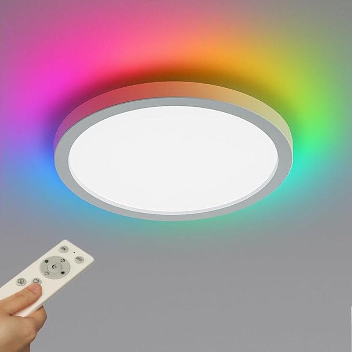 EpochGlo RGB LED Plafondlamp – Dimbaar met Afstandsbediening & Memory – 24W, 2400 lm, Ø30 cm, Wit, Ultra Plat met Achtergrondverlichting
