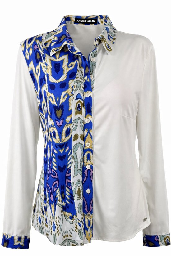 Angelle Milan - Chemisier en 50/50 Blauw/Beige pour Femme - Tissu de voyage - Comfort - Ne se repasse pas - Durable - Taille XL - Existe en 5 tailles !