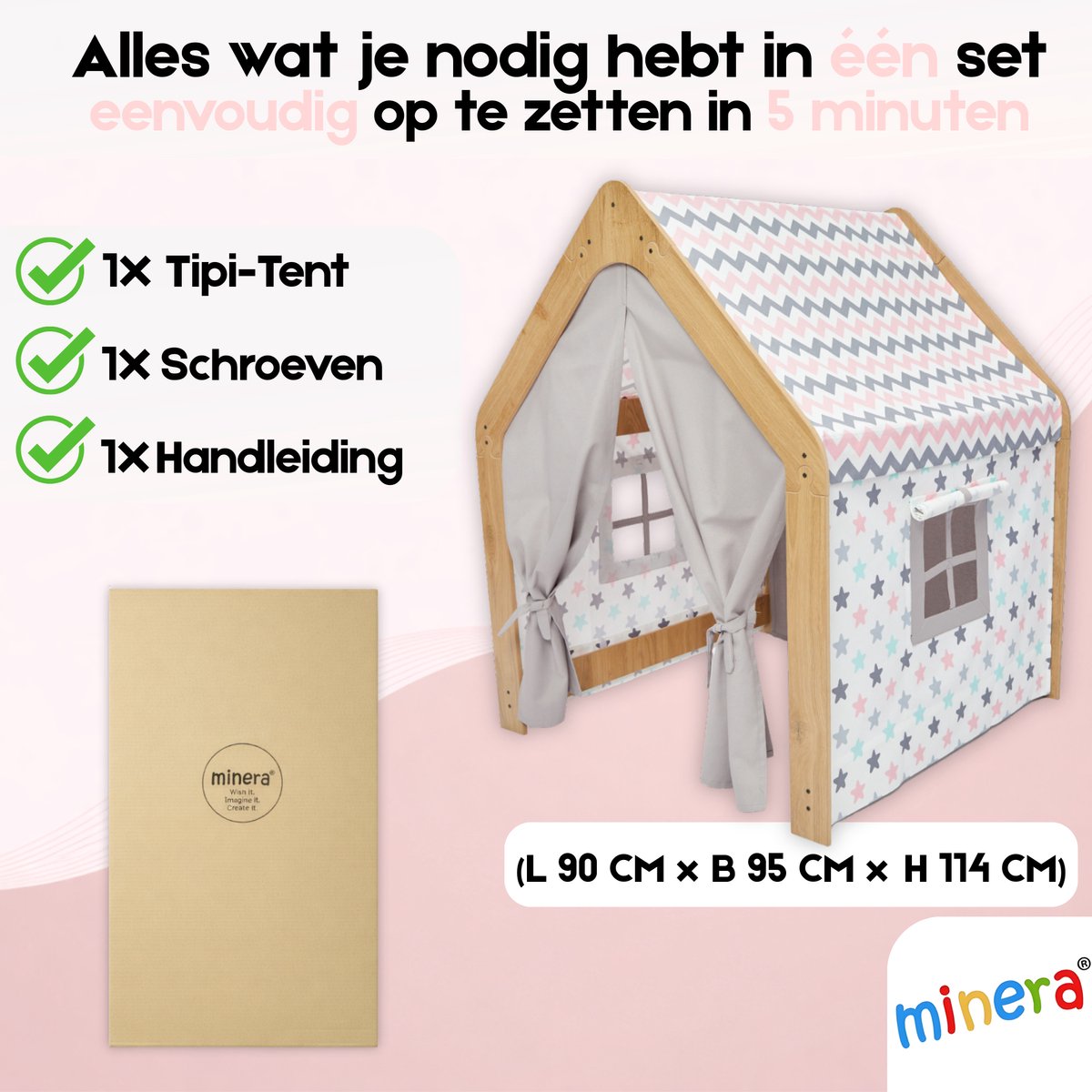 Minera® Tipi Tent - Speeltent - Meisjes - Binnen Speelgoed - Speelhuisje voor Kinderen - Houten Kinderhuisje - Kindertent vanaf 1 tot 7 Jaar - Wit met Roze — afbeelding 6