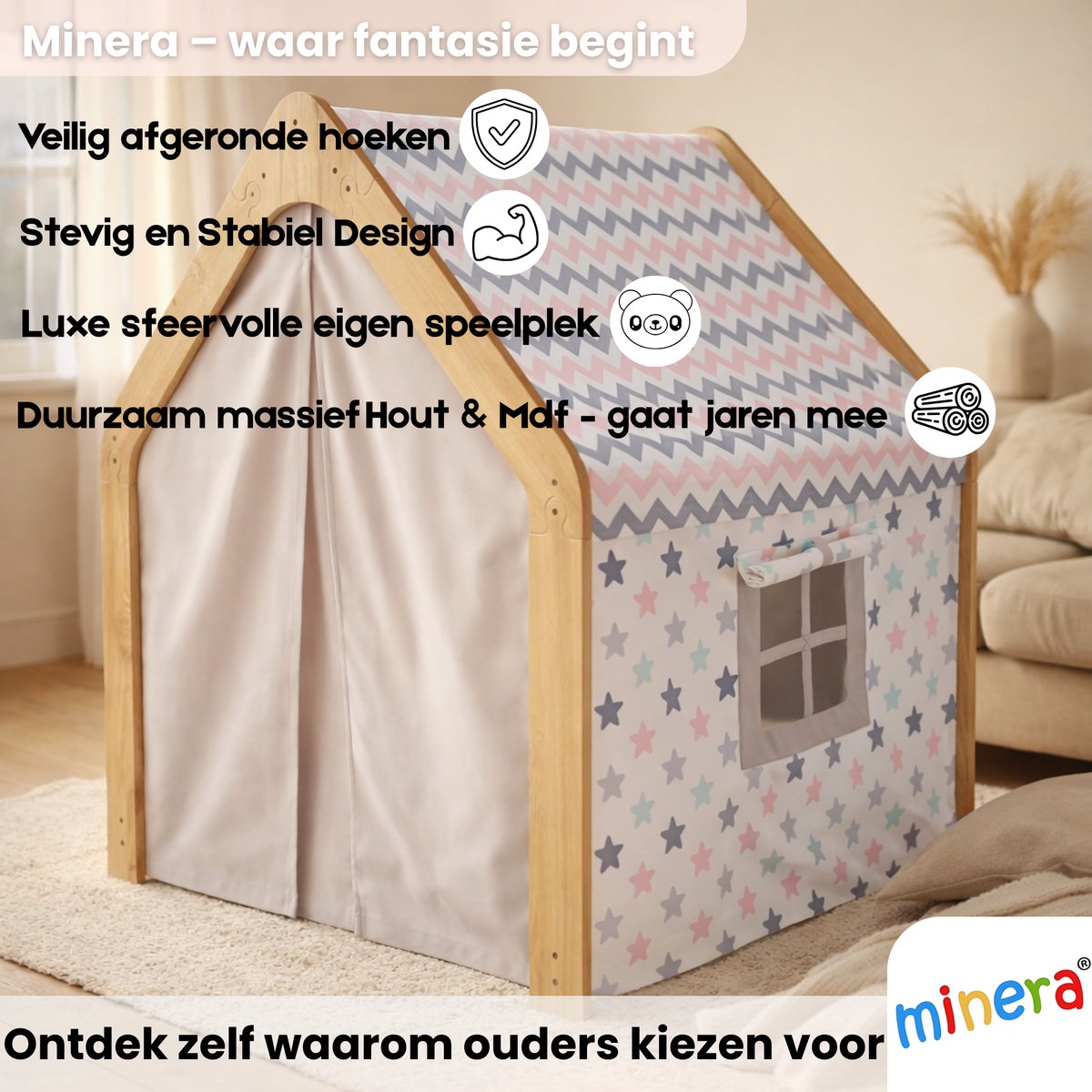 Minera® Tipi Tent - Speeltent - Meisjes - Binnen Speelgoed - Speelhuisje voor Kinderen - Houten Kinderhuisje - Kindertent vanaf 1 tot 7 Jaar - Wit met Roze — afbeelding 7