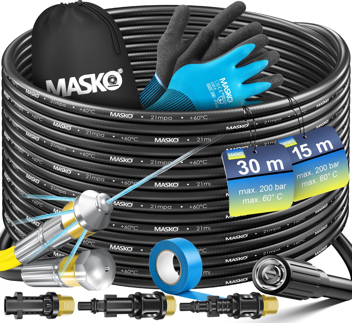 MASKO® Rioolreinigingset Rioolslang 15 Meter - Geschikt Voor Kärcher K2, K3, K4, K5, K6, K7 & Lavor Hogedrukreiniger - Universele Afvoerslang - Afvoerpijp Slang Reiniging Set
