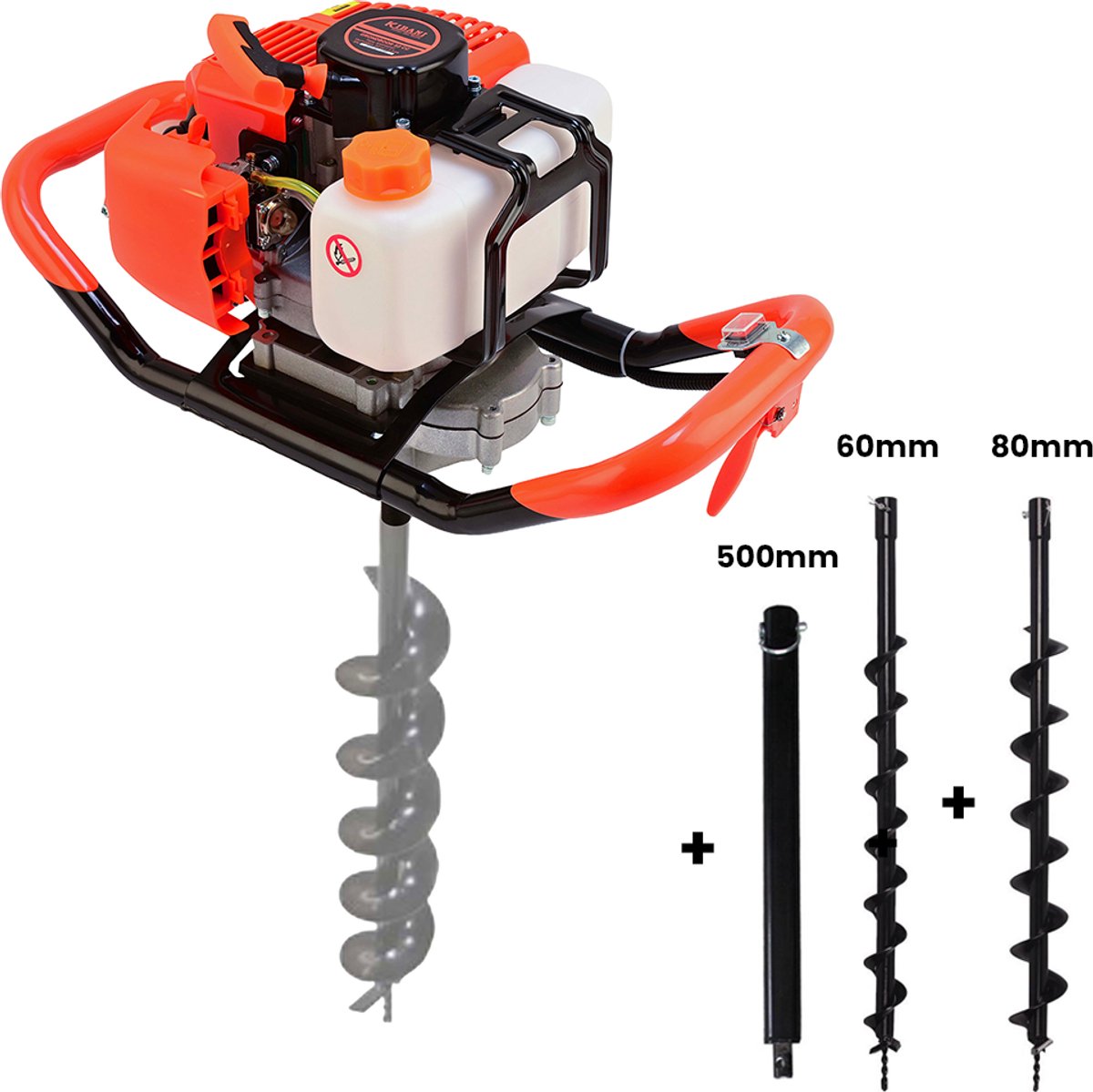 Kibani Grondboor 52cc benzine + Grondboren set 60 mm en 80 mm + Verlengstuk - Palenboor - Grondboor machine