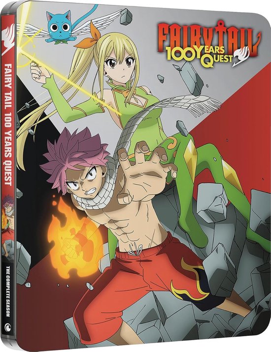 Fairy Tail: 100 Years Quest Blu-ray steelbook. Met Natsu, Lucy en Happy op de voorkant.
