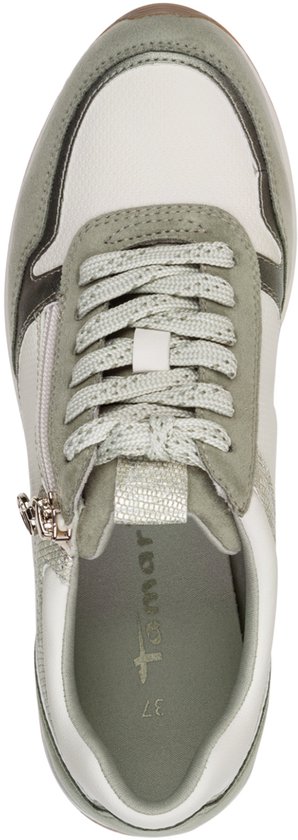 Bovenkant van een groene en witte Tamaris sneaker met veters en ritssluiting.