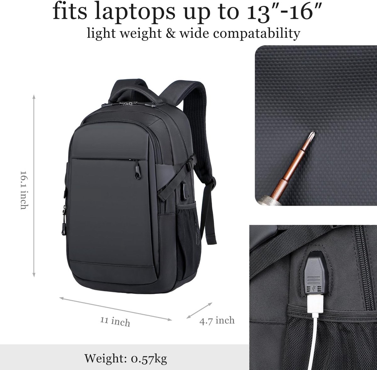 Laptop Rugzak - Reis tas - Dagelijks Gebruik - Geïntegreerde USB poort - 15 inch laptop - Zwart thumbnail 7