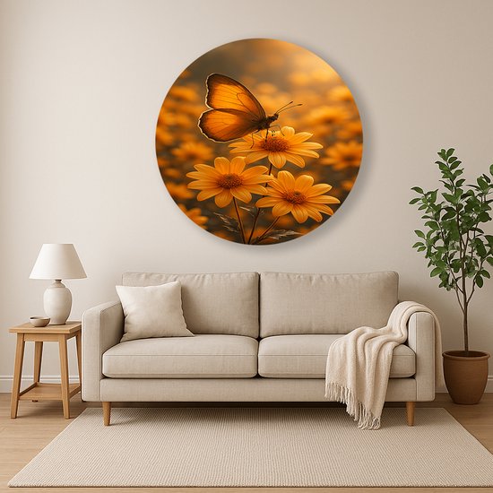 Een oranje vlinder zit op drie oranje margrieten met een zachte oranje achtergrond, opgehangen boven een beige bank.