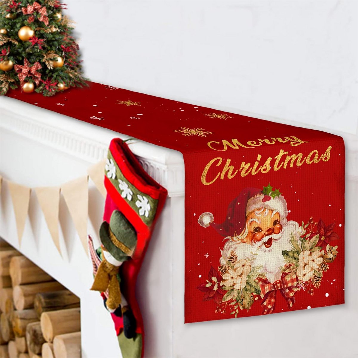 Feestelijke Kerst Tafelloper Rood Goud Vintage Sneeuwvlok 30x183 cm