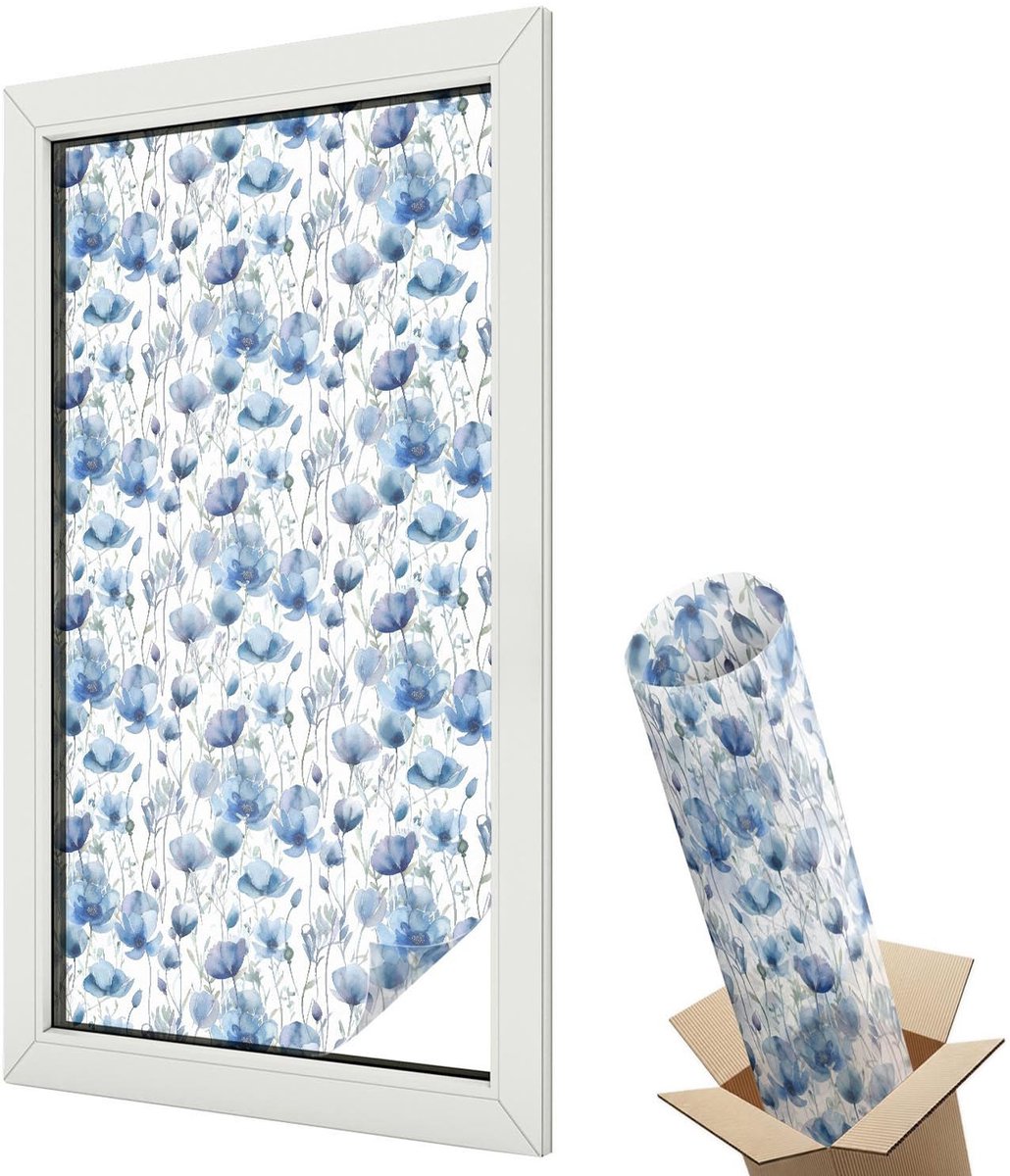 Wallfluent Glas in Lood Raamfolie - Aquarel bloemen Glas in Lood Folie - 50x100 cm - Blauw Plakfolie Raam Glas in Lood - Decoratieve Plakfolie Glas in Lood - Voor de woonkamer, voor het kantoor, voor de hal - Glas in Lood Folie voor Raam