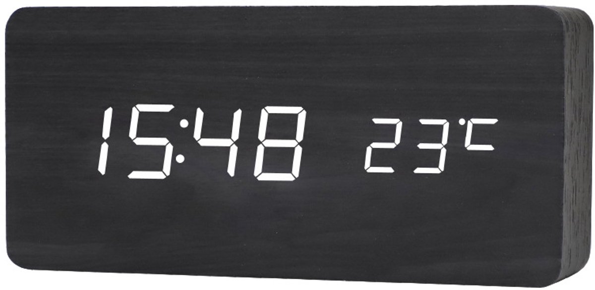 Houten Digitale Wekker, Multifunctionele Slimme Wekker, Usb-Aangedreven Led-Wekker Met Temperatuurweergave, Geschikt Voor Slaapkamers, Kantoren, Reizen En Als Decoratief Item Voor Op Het Bureau - Zwart
