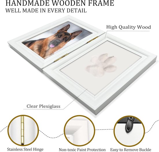 Grote Pootafdruk Frame voor Hond of Kat - Zachte Klei Kit en Houten Wit Foto Frame van Pawprints — afbeelding 2