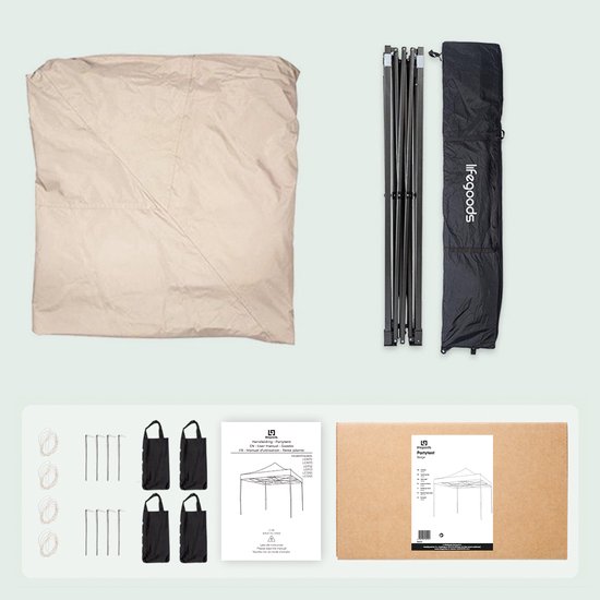 Lichtbeige partytent, inklapbaar frame, draagtas met wieltjes, haringen, touwen en handleiding.