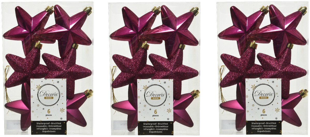 Decoris kersthanger sterren - 18x st - framboos roze - 7 cm - kunststof - kerstornamenten - kerstversiering
