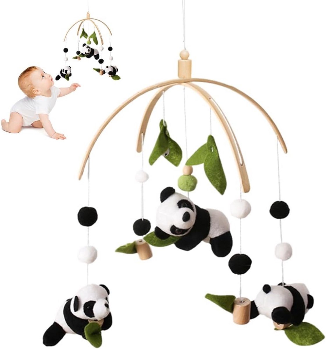 Houten Mobiel voor Babybedje met Panda Decoratie