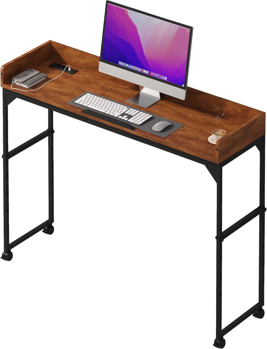 DreamDesk Verrijdbaar Bureau op Wielen Laptop & Werkbureau – Standing Desk - Bureaublad - Sta Bureau - Overbed tafel - Bed tafel - Past Over Bed - Bedtafeltje - Verstelbare tafel - 140 cm – Espresso Brown