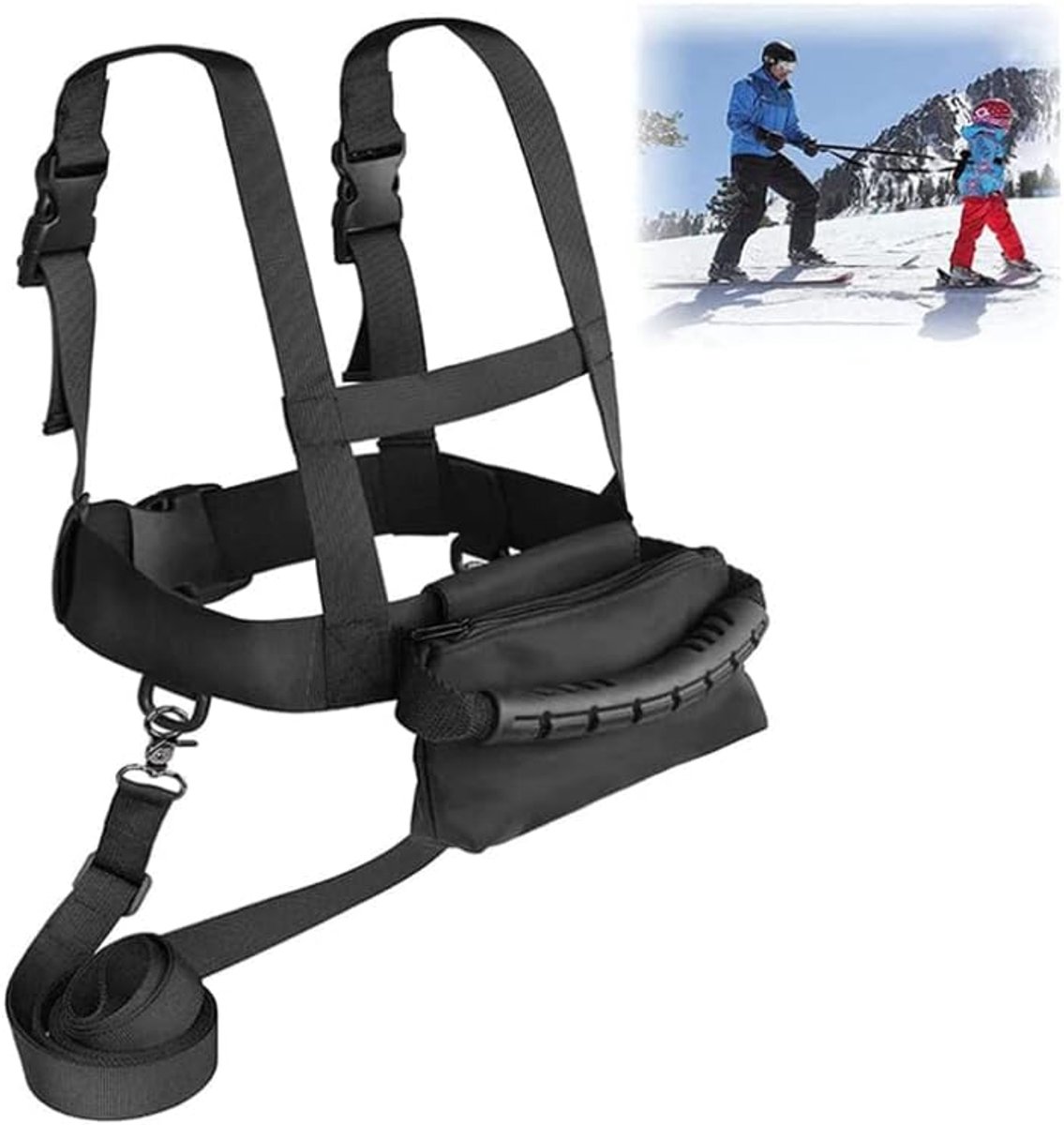Skigordel voor kinderen -Skituigje kinderen - Ski Harnas - Oefengordel - Veiligheidsgordel - Met afneembaar sleeptouw - gemakkelijk te trekken handvat - Geschikt voor kinderen en beginners Schaatsen, Skateboarden, Snowboarden, Skaten - zwart