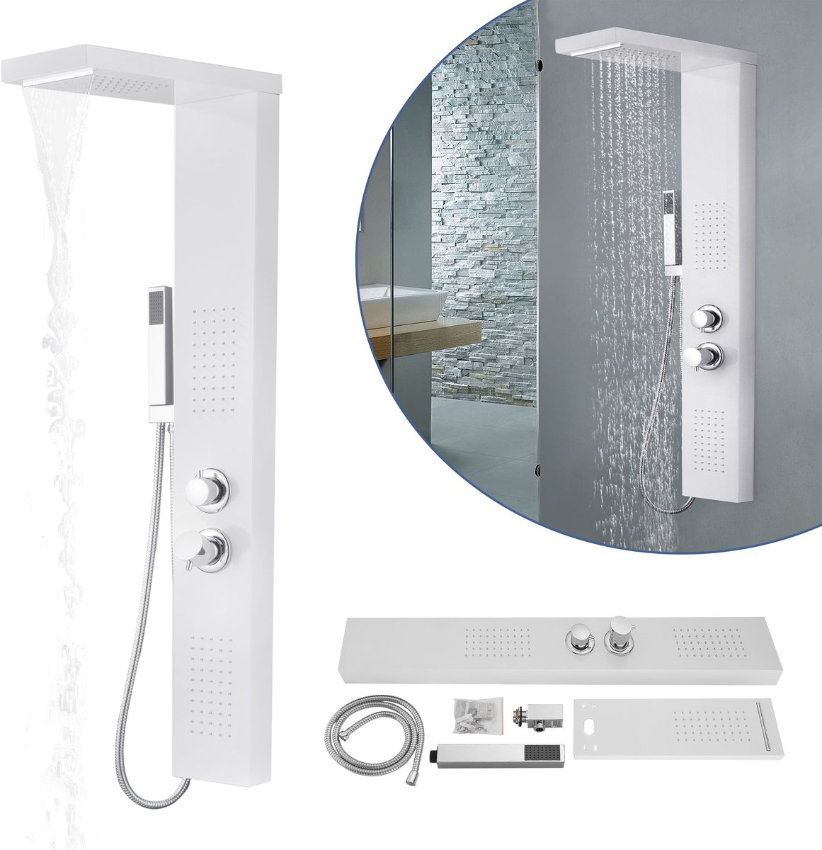 Aufun RVS Douchepaneel Douchesysteem - Regendouche - Regendouchezuil - Massagedouche - Handdouche - Douchekolom Set - Badkamer - Wit