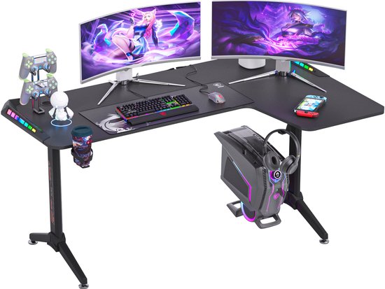 Novendo Goods – L-vormig elektrisch staand gamingbureau 160 cm met RGB-LED, kabelbeheer & opbergopties - Verstelbaar hoekbureau voor thuiswerk & gamers - Rechts