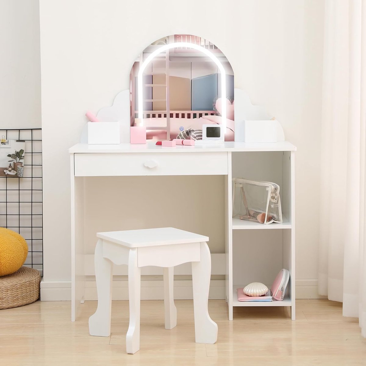 Kinder Kaptafel met Verlichte Spiegel - 2‑in‑1 Kaptafel & Krukje voor Meisjes 3‑9 Jaar, met Lade en Open Planken, Wit