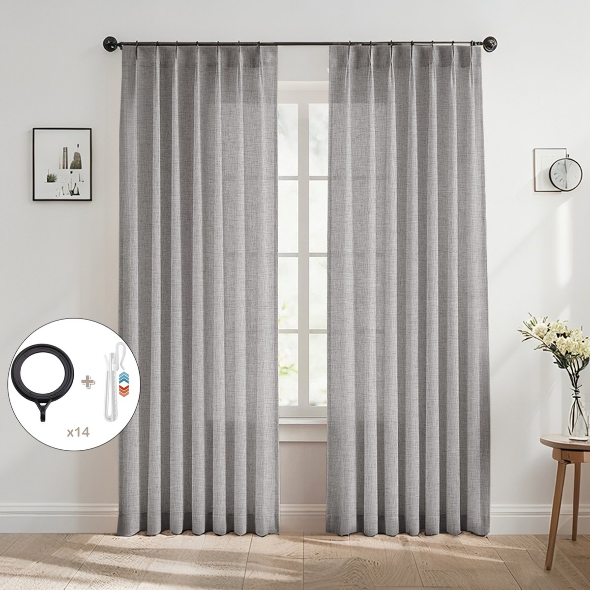 Qelus 2 Stuks Luxe Linnen Look Gordijnen - 102x213 cm - Asgrijs - Vlinderplooi Inbetween Gordijn met Haken & Ringen - Tijdloze Raamdecoratie