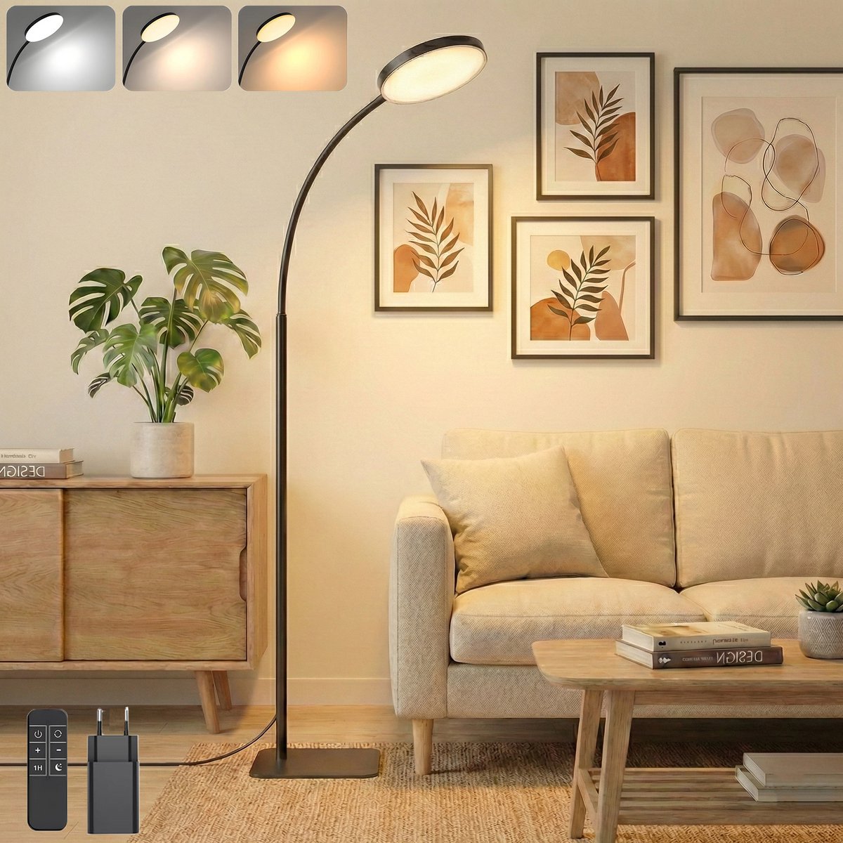 MUPOO LED Vloerlamp Dimbaar met hoogte verstelbaar- Afstandsbediening-Staande leeslamp Zwart met Flexibele Arm -3 Kleuren & Timer -Wimper lamp voor Schoonheidssalon Studeerkamer Woonkamer(stekker)