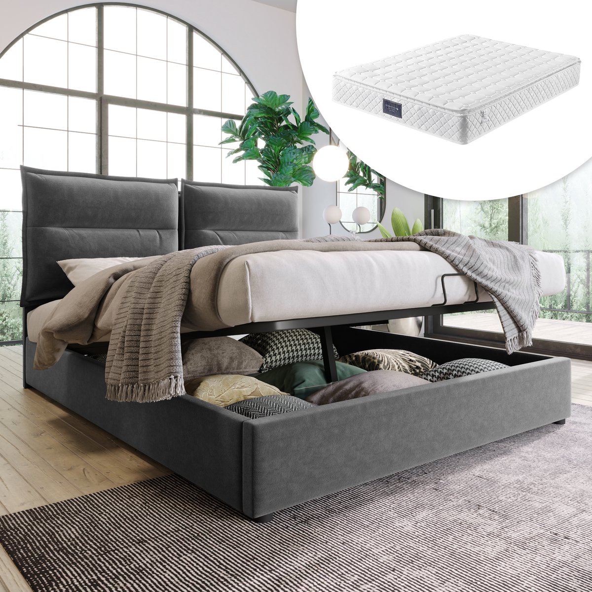 REDOM Opbergbed 160x200 cm – Fluweel Grijs – Hydraulisch – Verstelbaar Hoofdbord met Dubbele Kussenrugleuning – Ruime Bedkist – 220 kg