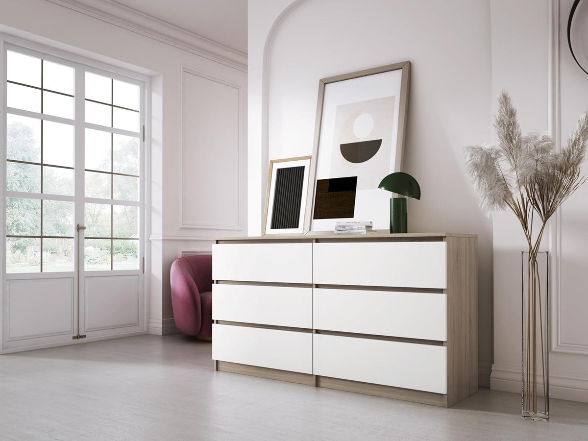 Commode met 6 laden 140x79x39 cm – Sonoma Eiken/Wit – Moderne opbergkast voor slaapkamer, kinderkamer en woonkamer – Pauwhome