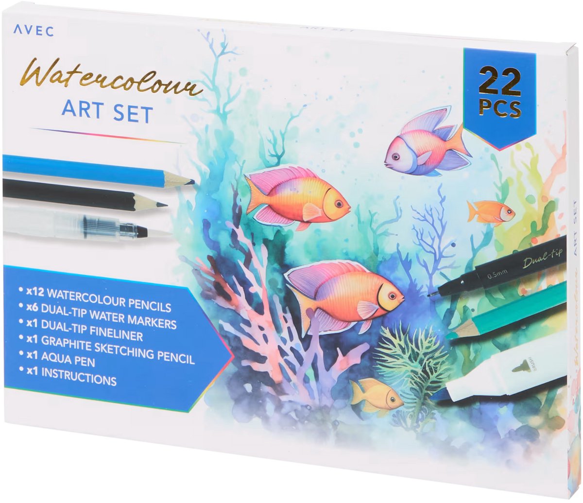 Teken- en kleurset 22-delig voor kinderen en volwassenen – waterverfpotloden, markers met dubbele punt, fineliner, aquabrush en schetspotlood – complete creatieve set voor tekenen, kleuren en aquarel – hobby & creatief tekenen