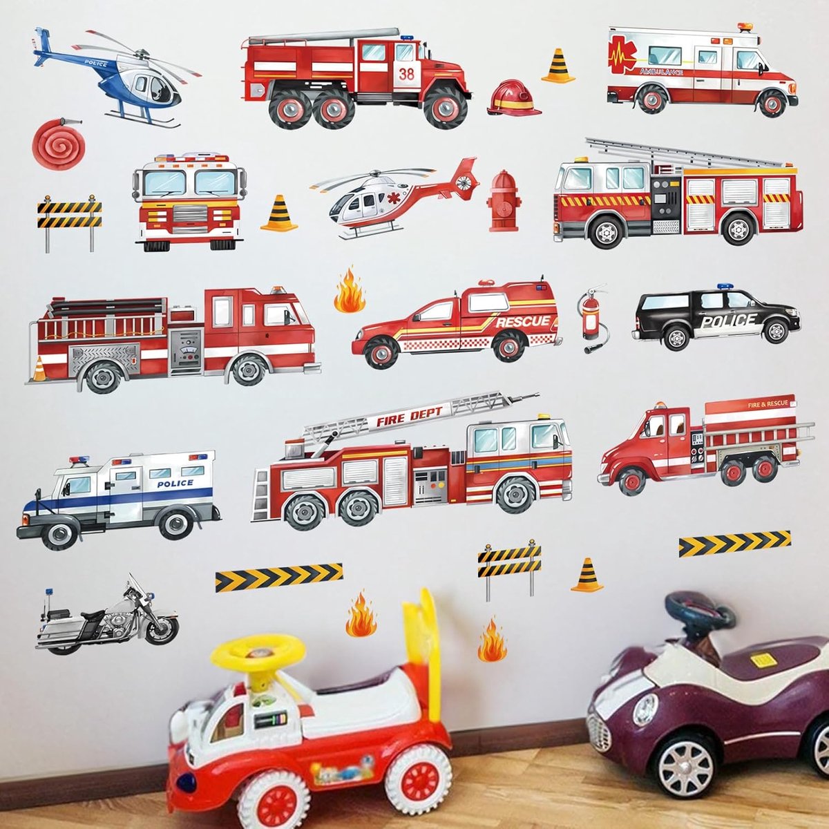 Famanu – Vrachtwagen van de Brand Muurstickers Auto Voertuigen Muurtattoo Jongen Slaapkamer Babykinderkamer Kinder Wanddecoratie