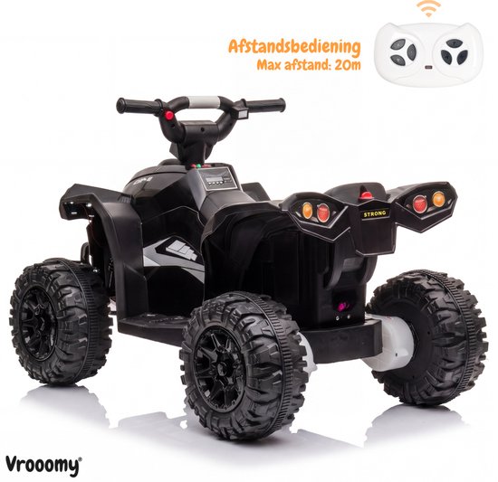 Zwarte Vrooomy kinderquad met afstandsbediening. De quad heeft een sportief design met grote wielen.