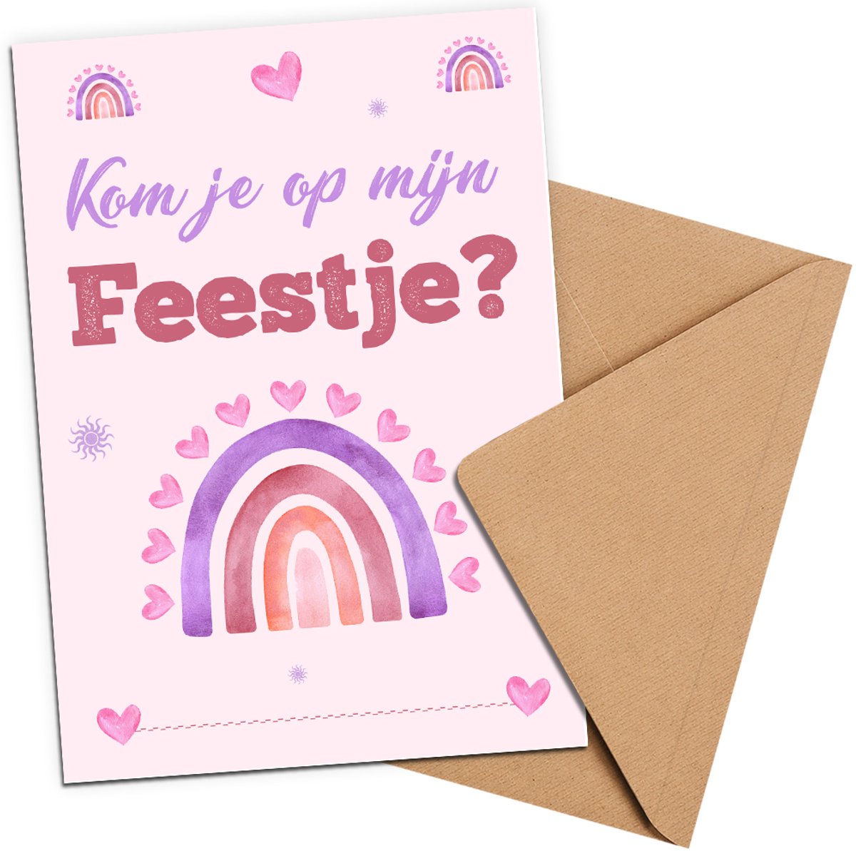 Uitnodiging Kinderfeestje + Enveloppen 10 stuks - Thema Roze Regenboog - Beschrijfbaar - Uitnodiging verjaardag - Jongen of meisje - Uitnodigingskaarten - kraft envelop - Verjaardag Feest