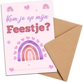 Uitnodiging Kinderfeestje + Enveloppen 10 stuks - Thema Roze Regenboog - Beschrijfbaar - Uitnodiging verjaardag - Jongen of meisje - Uitnodigingskaarten - kraft envelop - Verjaardag Feest
