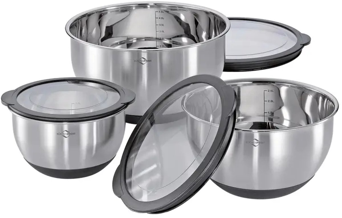 Küchenprofi DELUXE 3-delige RVS Mengkom Set met Deksel – 16/20/24 cm – Antislip Bodem – Luchtdichte Deksels – Roestvrij Staal Keukenkommen