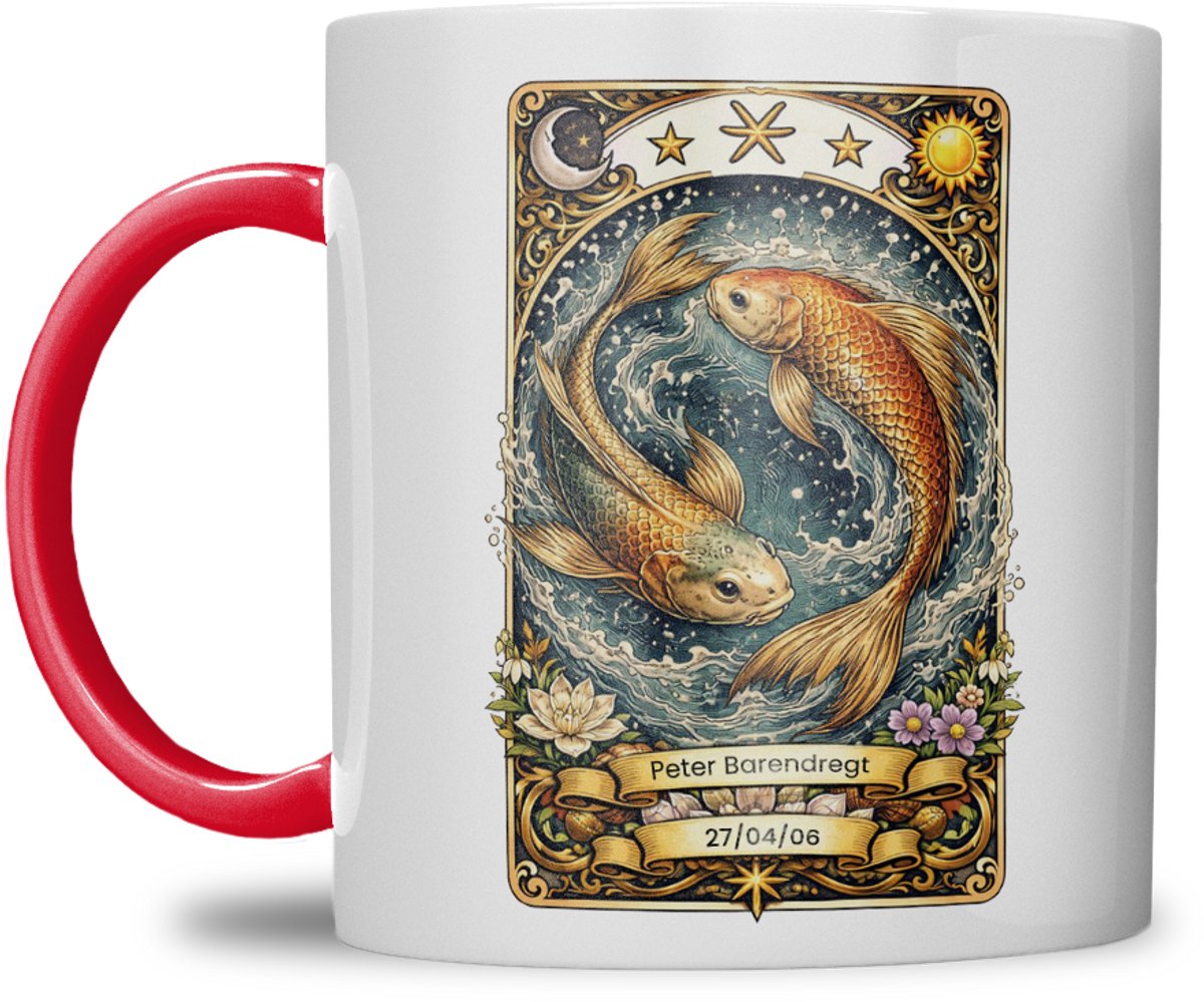 Sterrenbeeld mok - Vissen - Rood - Tarot mok - Gepersonaliseerd met naam en datum