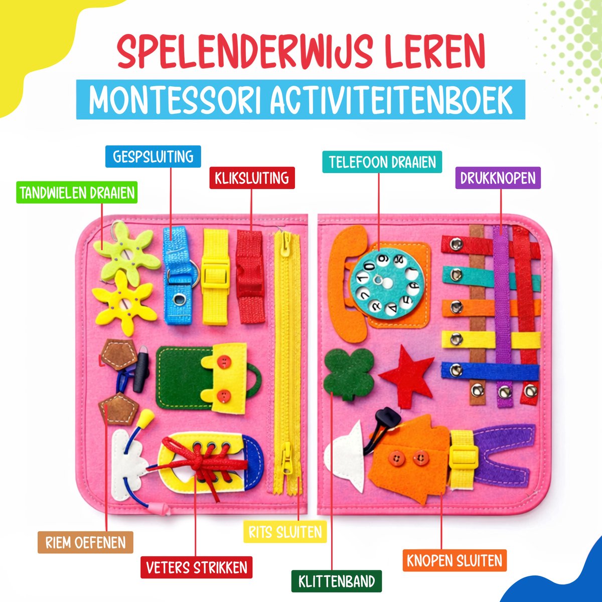 Montessori Activiteiten Boek - Nederlands - Busy Board - Perfect voor op Vakantie - Klok lezen - Motoriek Map voor Thuis en Onderweg - Leren Veter Strikken - Activiteitenboek - Vaardigheden Kinderen - Educatief Spel - Zeemeermin roze — afbeelding 2